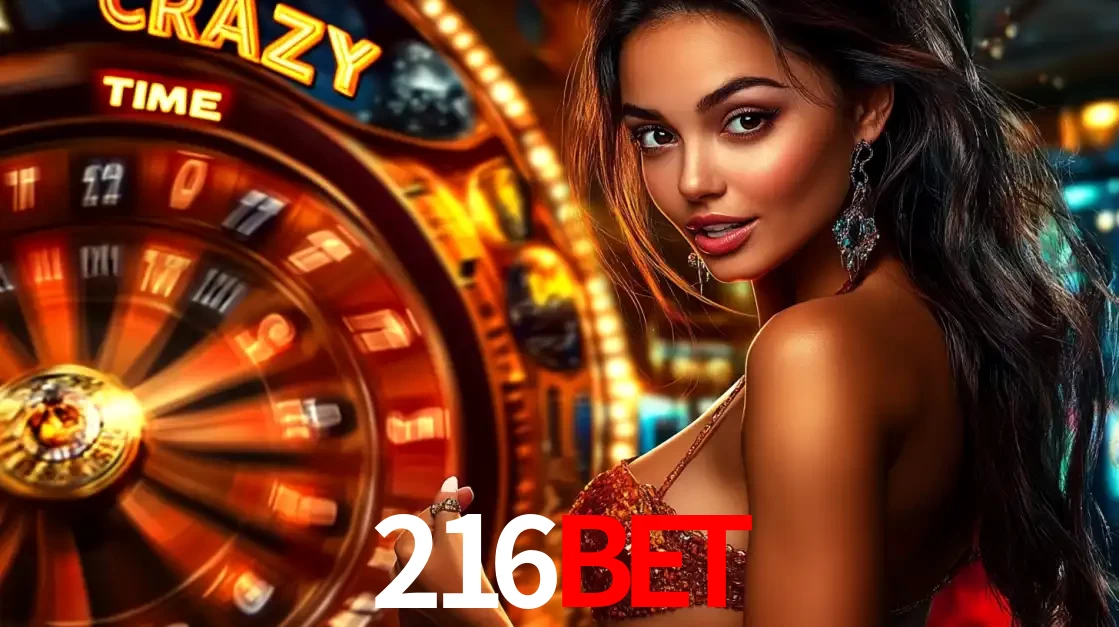 Mulher ao lado da roda de prêmios do jogo de cassino ao vivo Crazy Time, um dos shows de jogos mais emocionantes oferecidos pela plataforma de apostas 216BET.