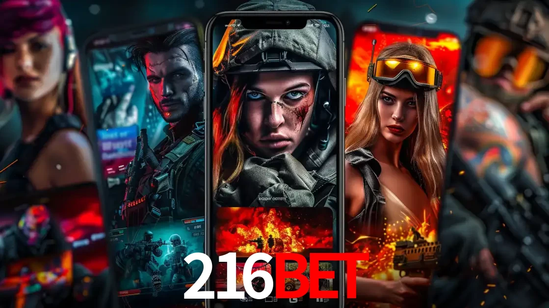 Montagem de telas de celular mostrando diversos personagens, masculinos e femininos, de um jogo de tiro, ilustrando a diversidade de equipes de e-sports para apostar no 216BET.