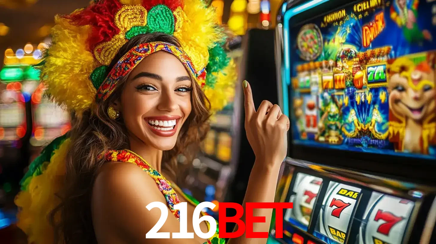 Mulher animada com um cocar de carnaval apontando para uma máquina de caça-níqueis, mostrando a emoção de ganhar um grande prêmio nos jogos do 216BET.