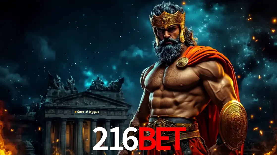 O poderoso Zeus do jogo de slot Gates of Olympus em frente ao seu templo, pronto para lançar multiplicadores divinos e prêmios épicos no cassino online 216BET.