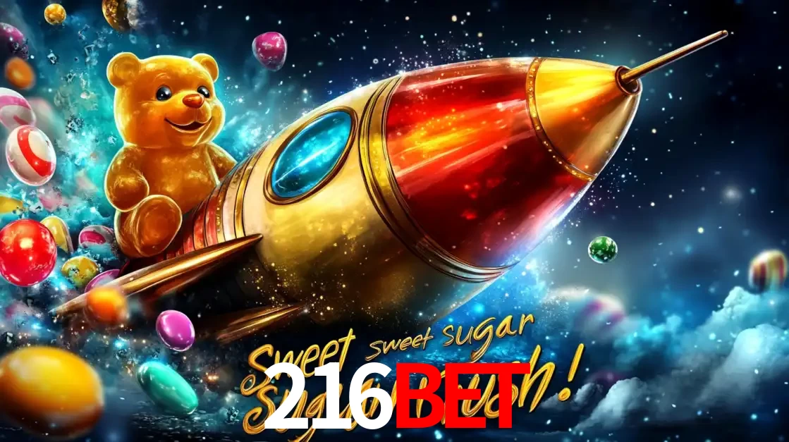 Arte promocional do jogo de slot Sugar Rush, com um urso de pelúcia em um foguete viajando pelo espaço de doces, um dos jogos divertidos disponíveis no cassino 216BET.