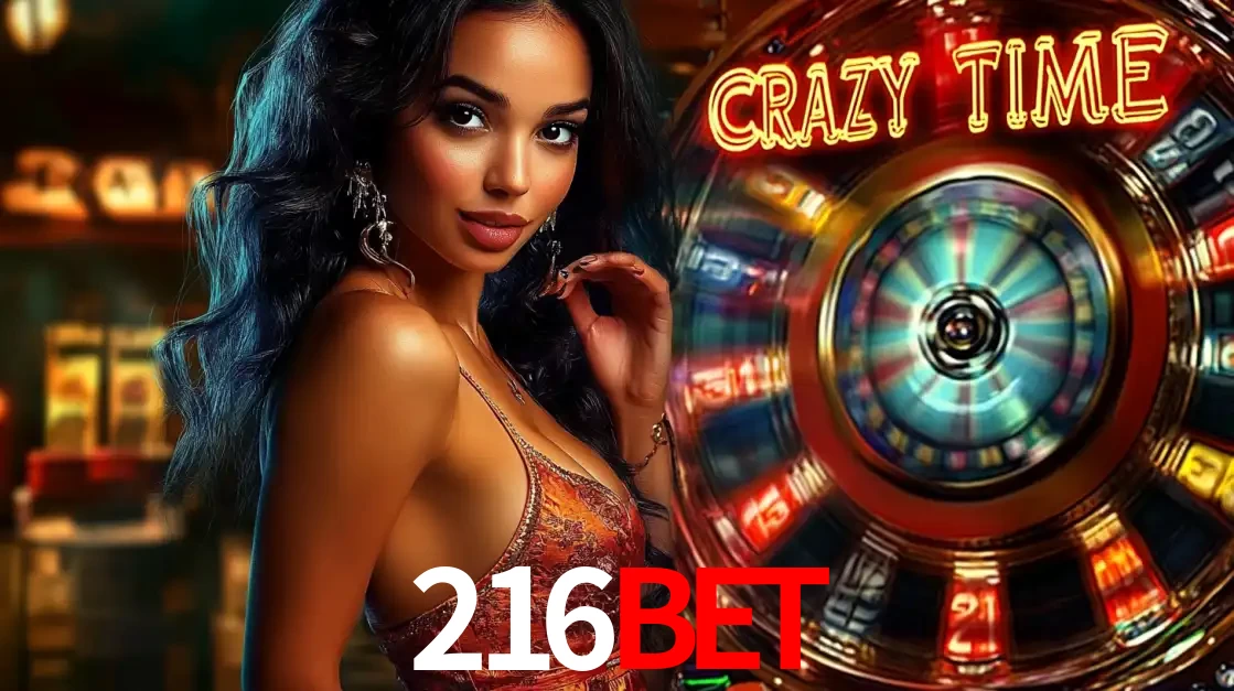 Mulher elegante ao lado da vibrante roda da fortuna do jogo de cassino ao vivo Crazy Time, um dos game shows mais populares e cheios de prêmios do 216BET.