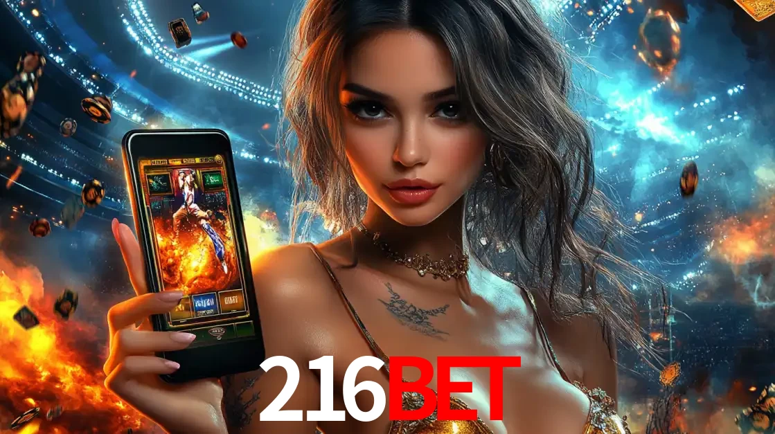 Mulher segurando um celular com um jogo de slot em destaque, tendo como fundo um estádio vibrante, simbolizando a emoção de jogar no cassino móvel 216BET.